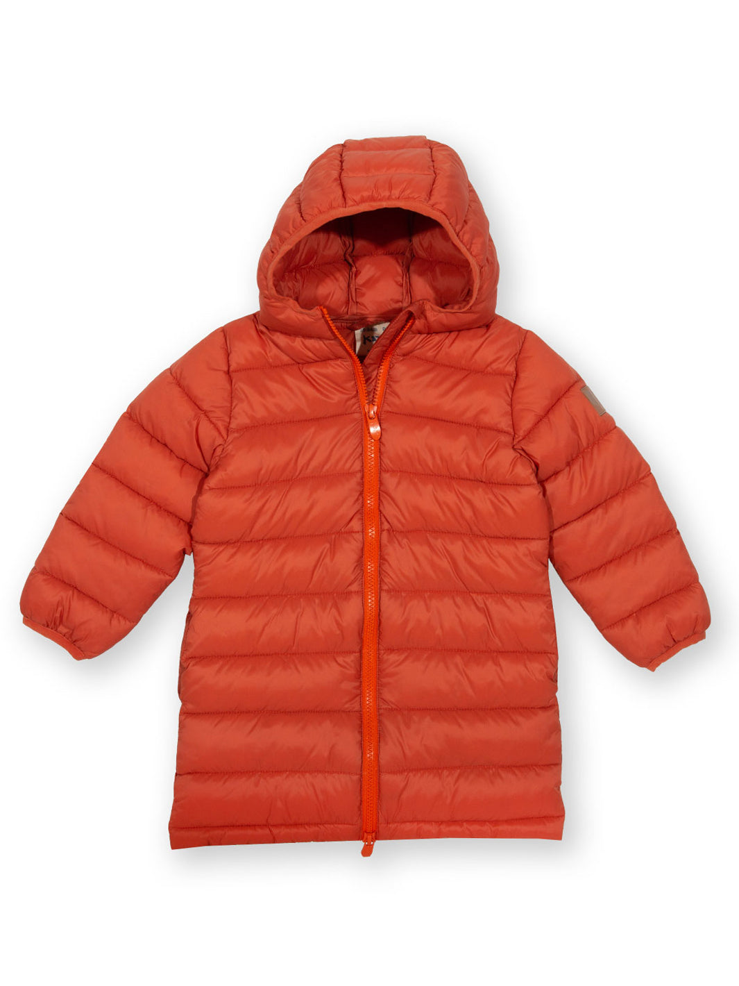 Chaqueta acolchada Goldfish en color naranja vibrante, con capucha, bolsillos laterales y cierre bidireccional, confeccionada en poliester reciclado.