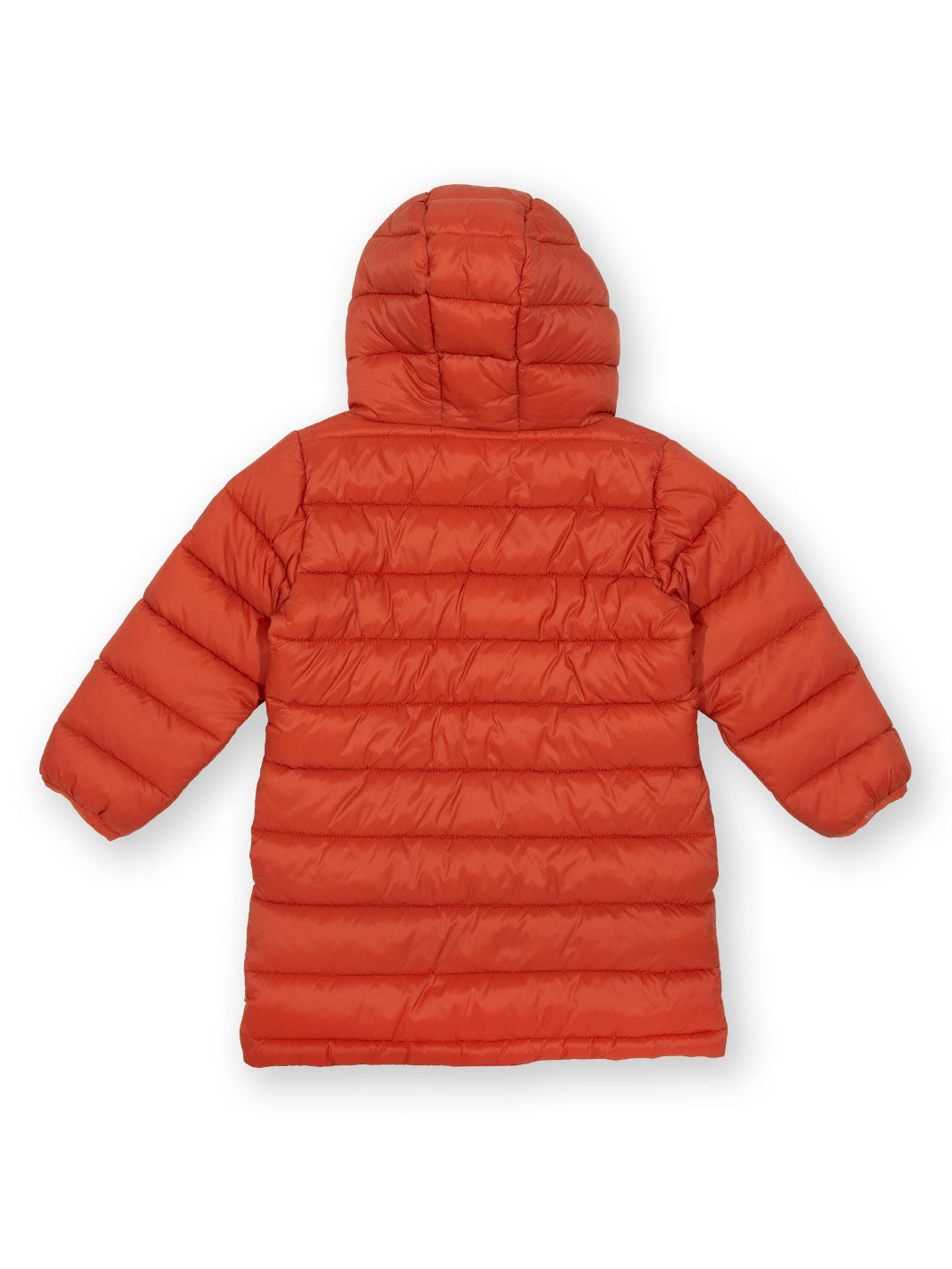 Espalda de la chaqueta acolchada Goldfish, mostrando su ajuste largo y diseño ligero ideal para los días fríos.