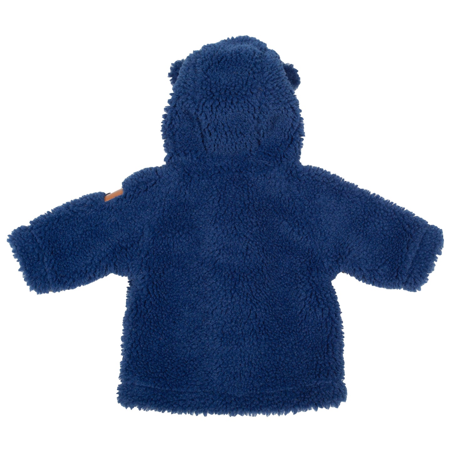 Vista trasera del abrigo dulce osito de vellón reciclado, diseño cómodo y cálido para bebés.