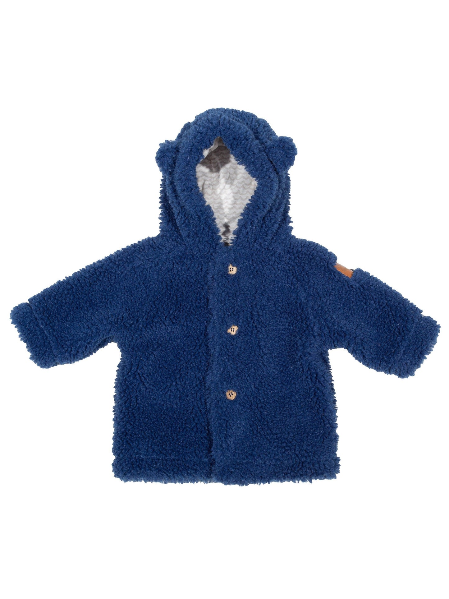 Abrigo dulce osito de vellón reciclado con forro de algodón orgánico, color azul marino, capucha con orejas de oso y botones de coco. Ropa infantil ecológica en Chile.