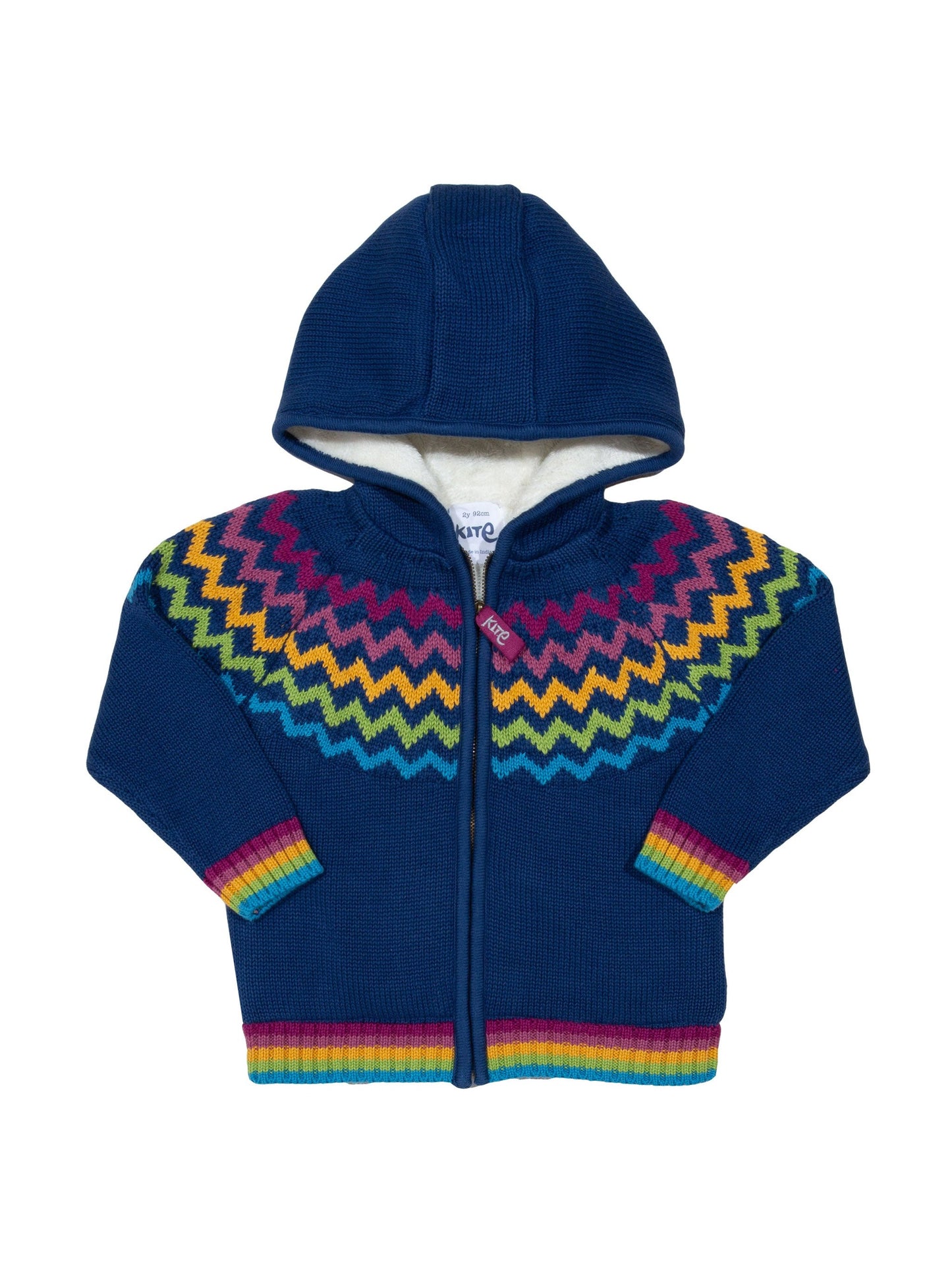 Abrigo Jurassic de algodón orgánico con forro de vellón, diseño jacquard en azul marino y detalle arcoiris
