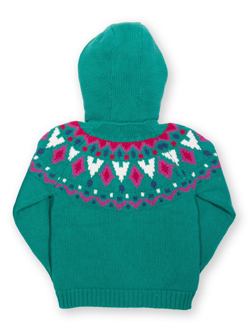 Vista trasera del abrigo Jurassic verde de algodón orgánico, diseño fair isle con capucha forrada en vellón.