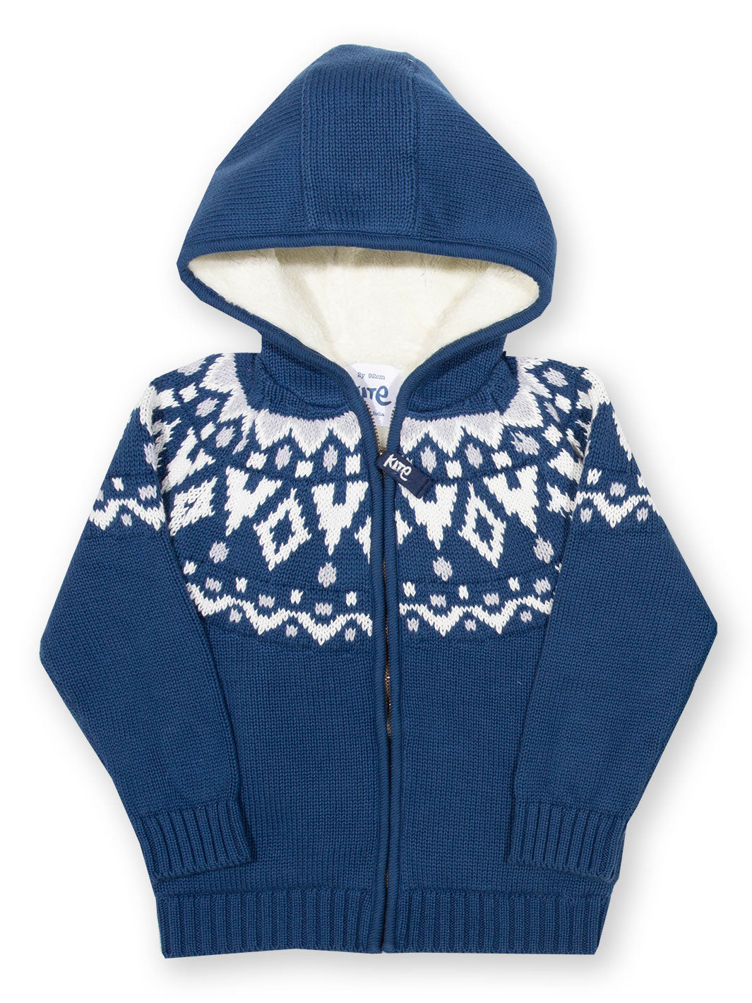 Abrigo Jurassic de algodón orgánico con forro de vellón, diseño fair isle en azul marino y detalles blancos.