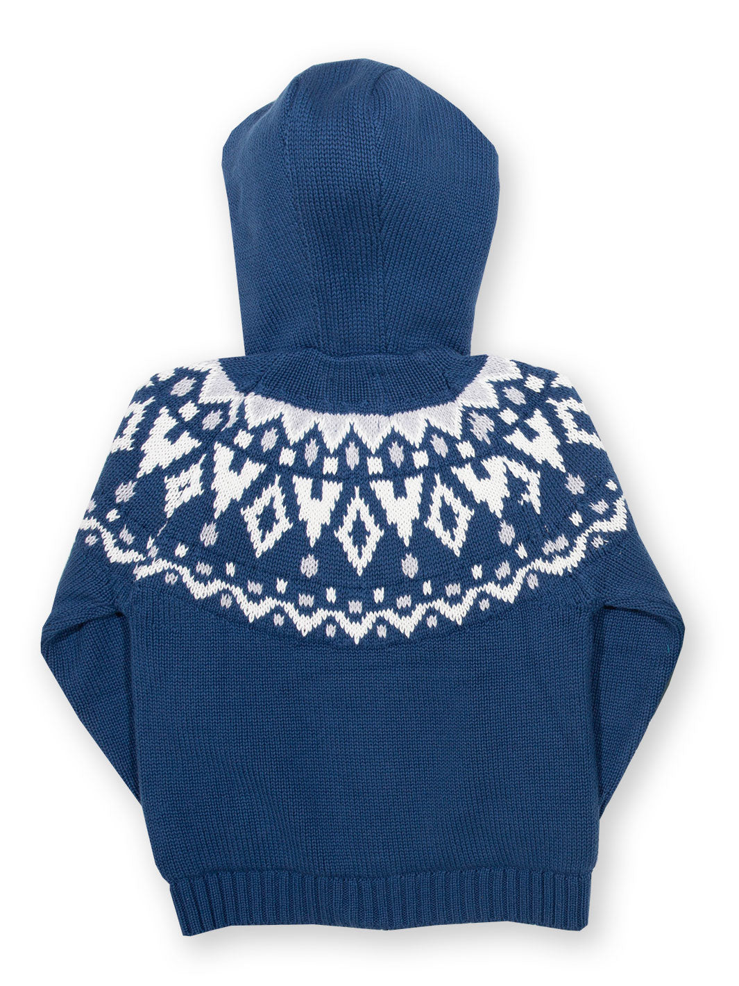 Vista trasera del abrigo Jurassic de algodón orgánico, diseño fair isle con capucha forrada en vellón.