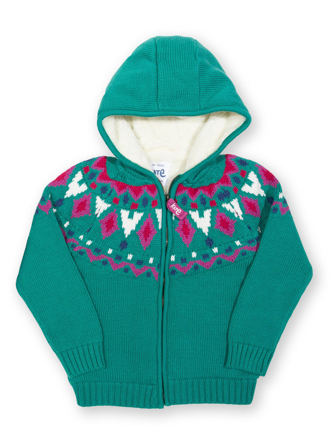 Abrigo Jurassic de algodón orgánico con forro de vellón, diseño fair isle en verde jade y detalles rosados.