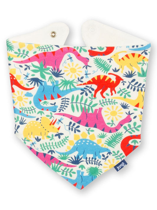 Babero día de dinosaurios en algodón orgánico, vista frontal, ropa infantil sustentable Chile.