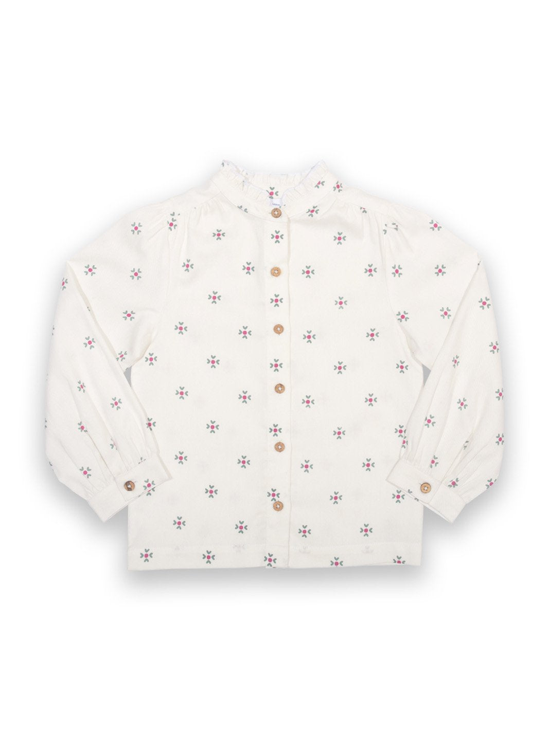 Blusa de algodón orgánico en color crema con estampado "Abrazo de amor", cuello con volantes y botones de coco en la parte frontal.