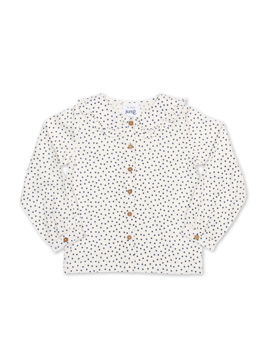 Blusa Dolly de algodón orgánico, estampado de lunares azul marino, cuello tipo muñeca y botones de coco.