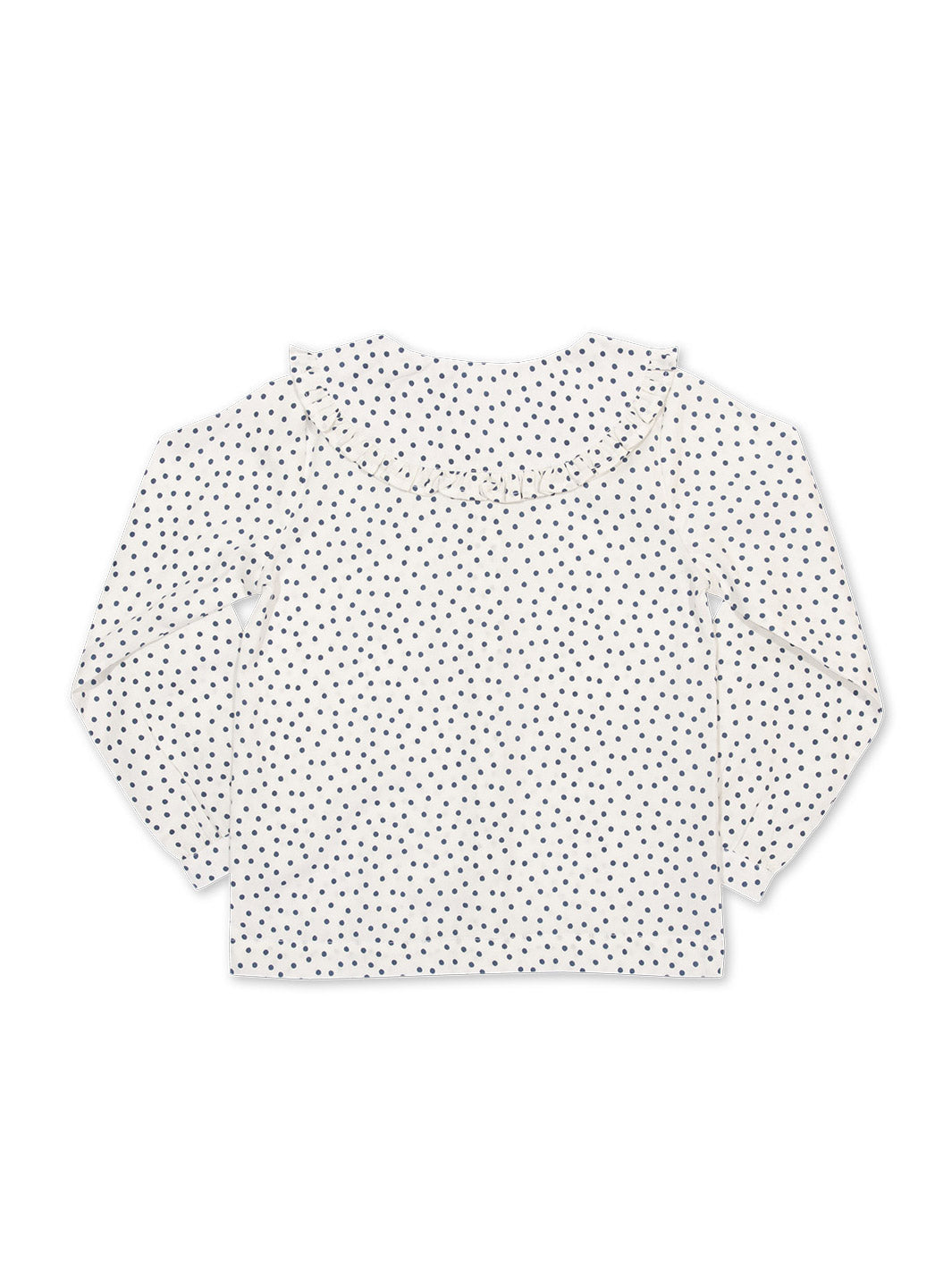Vista trasera de la Blusa Dolly de algodón orgánico, diseño clásico con lunares azul marino.