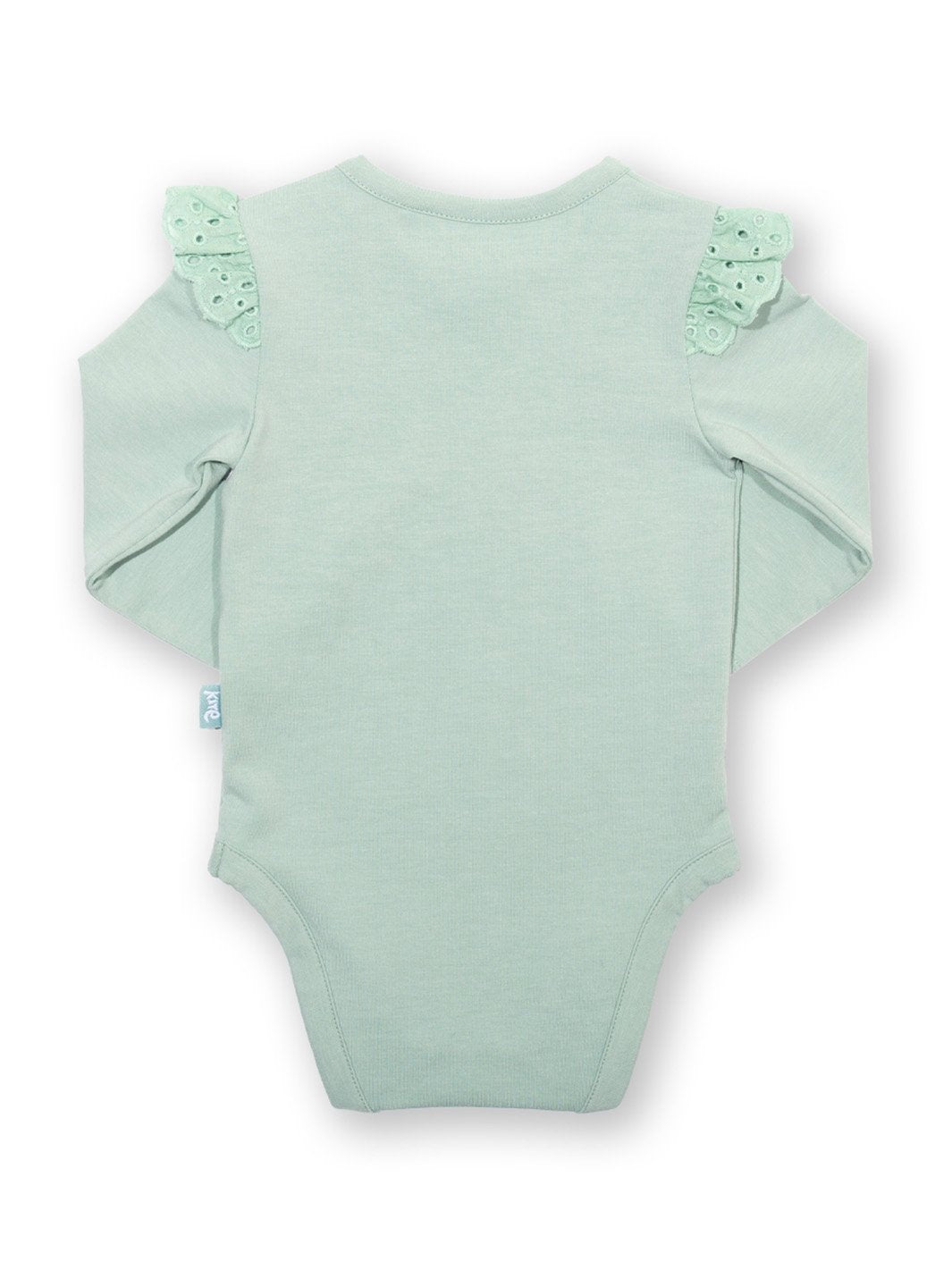 Parte posterior del body bordado abeto suave, resaltando su diseño sencillo y cuello redondo, ideal para combinar con diferentes atuendos.