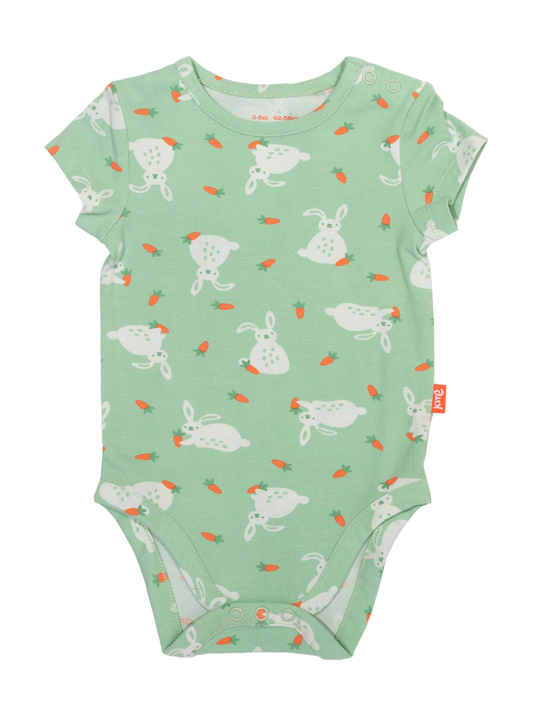 Body Conejitos de algodón orgánico, estampado de conejitos, color verde salvia y broches en hombros y entrepierna.