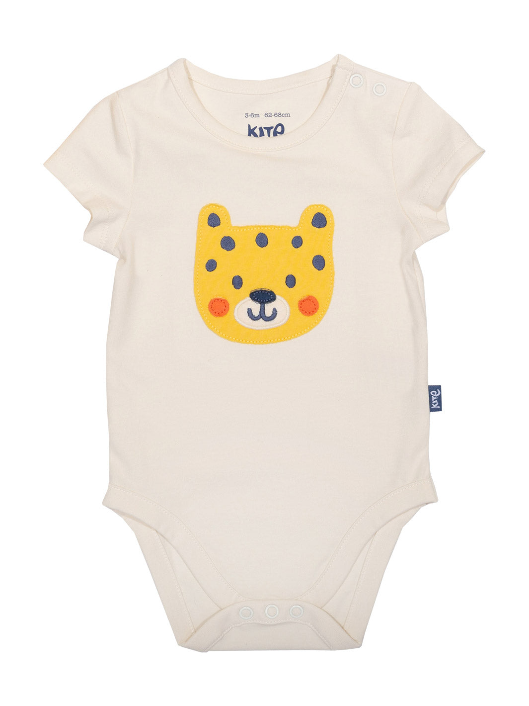Body Hola Cachorro de algodón orgánico, color crema con apliqué de leopardo y broches en hombros y entrepierna.