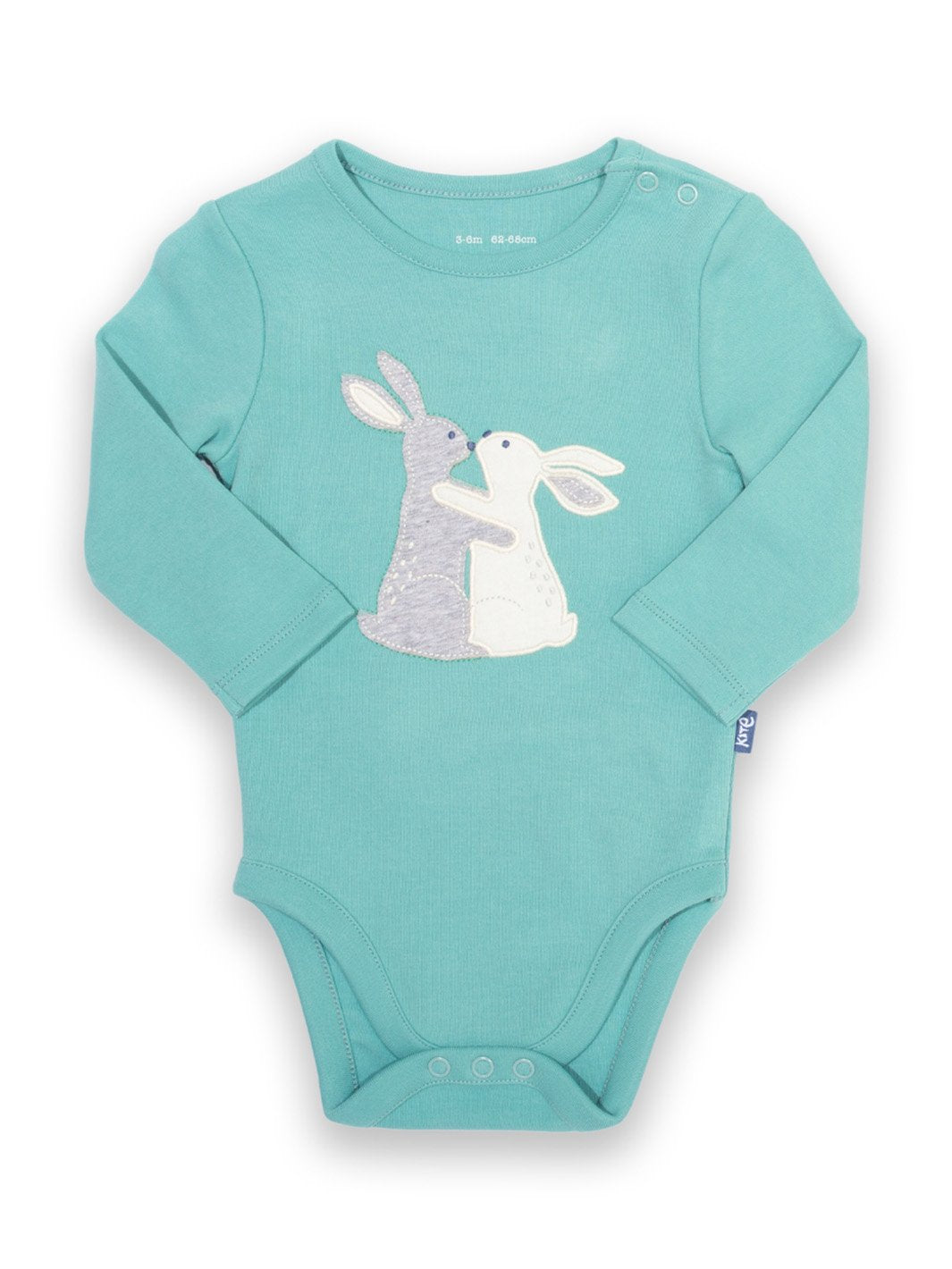 Body de manga larga color aqua con un adorable apliqué de conejito en el centro, confeccionado en algodón orgánico de tejido interlock.