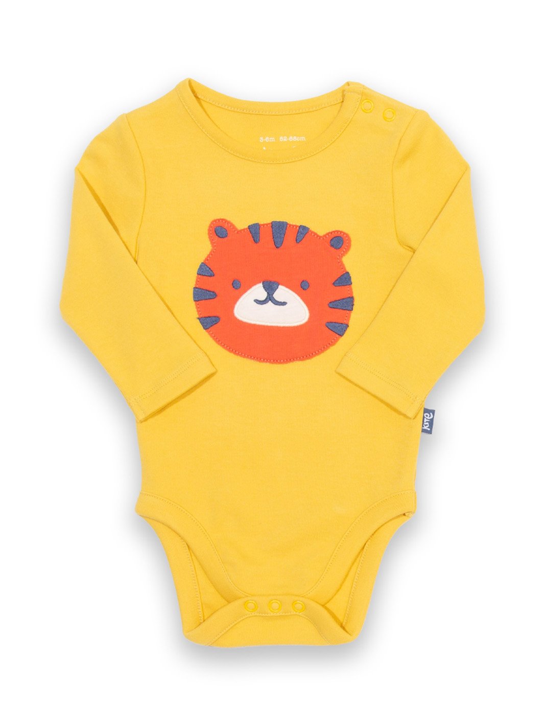 Body de manga larga en algodón orgánico color amarillo maíz, con un adorable bordado de cara de tigre en el frente.
