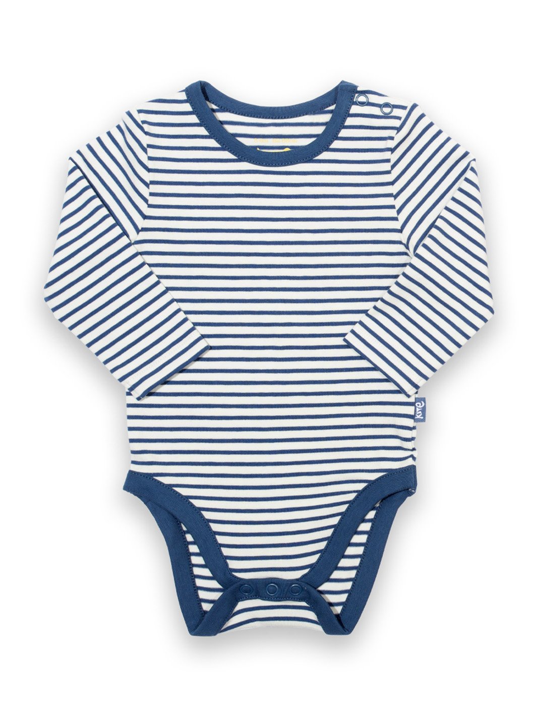 Body de manga larga con rayas azul marino y crema, confeccionado en algodón orgánico con broches en la entrepierna para mayor comodidad.