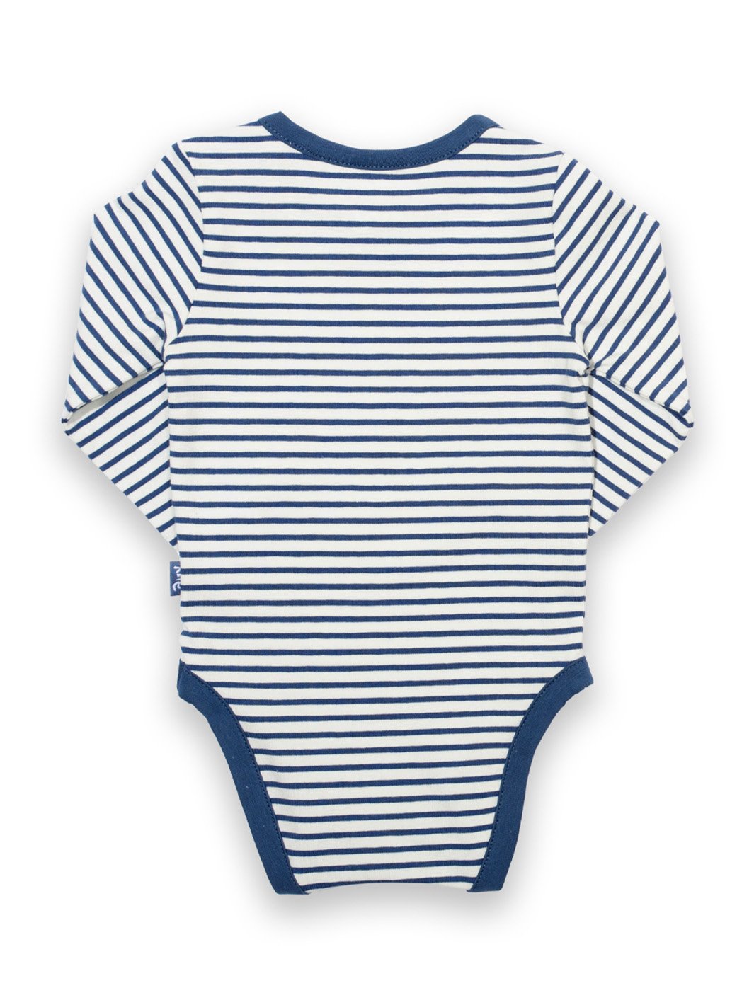 Parte posterior del body rayado azul marino y crema, mostrando el ajuste cómodo y el diseño clásico en tela interlock suave.