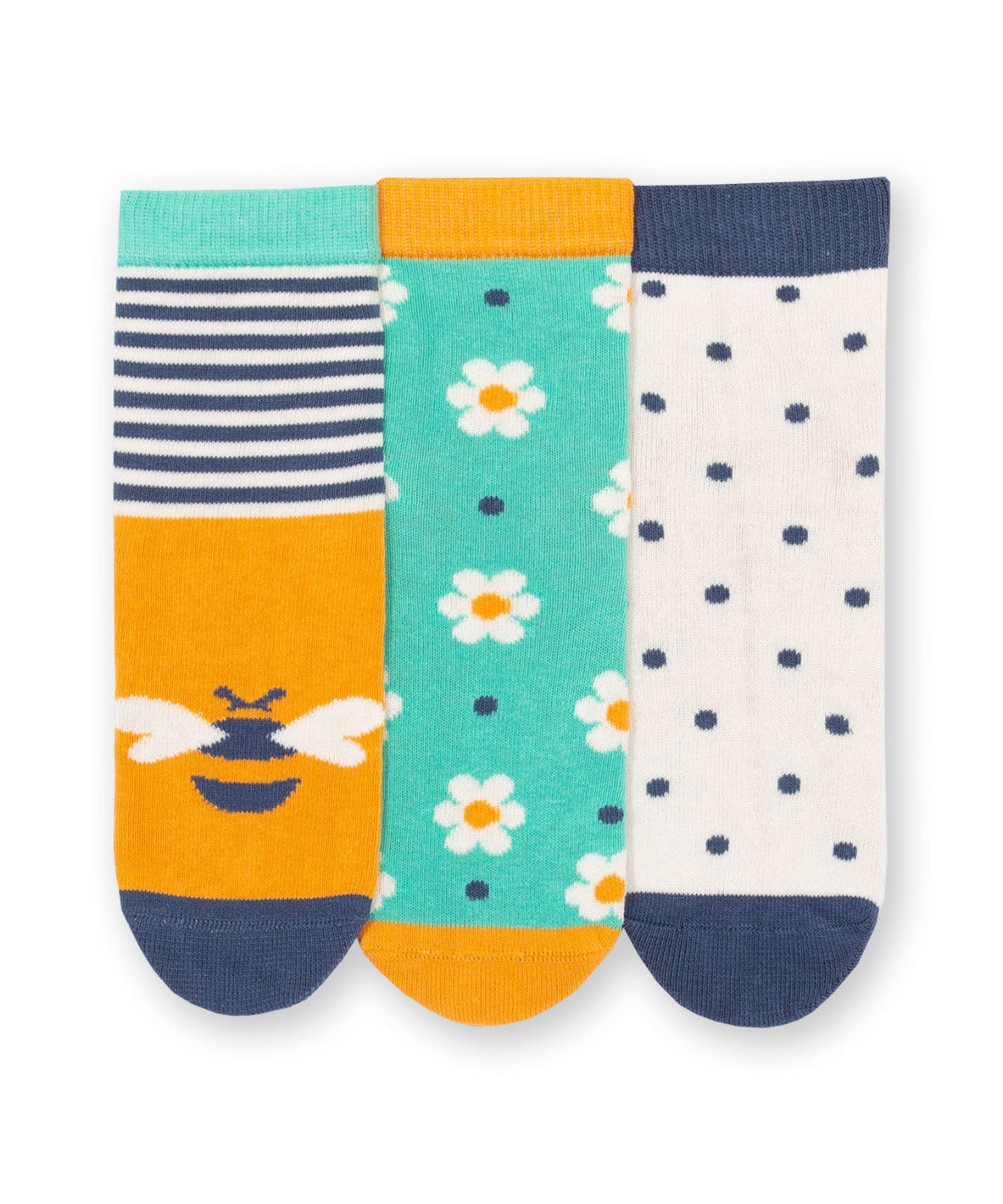 Calcetines de algodón orgánico, pack de 3 pares con diseños de abeja reina, lunares y margaritas.