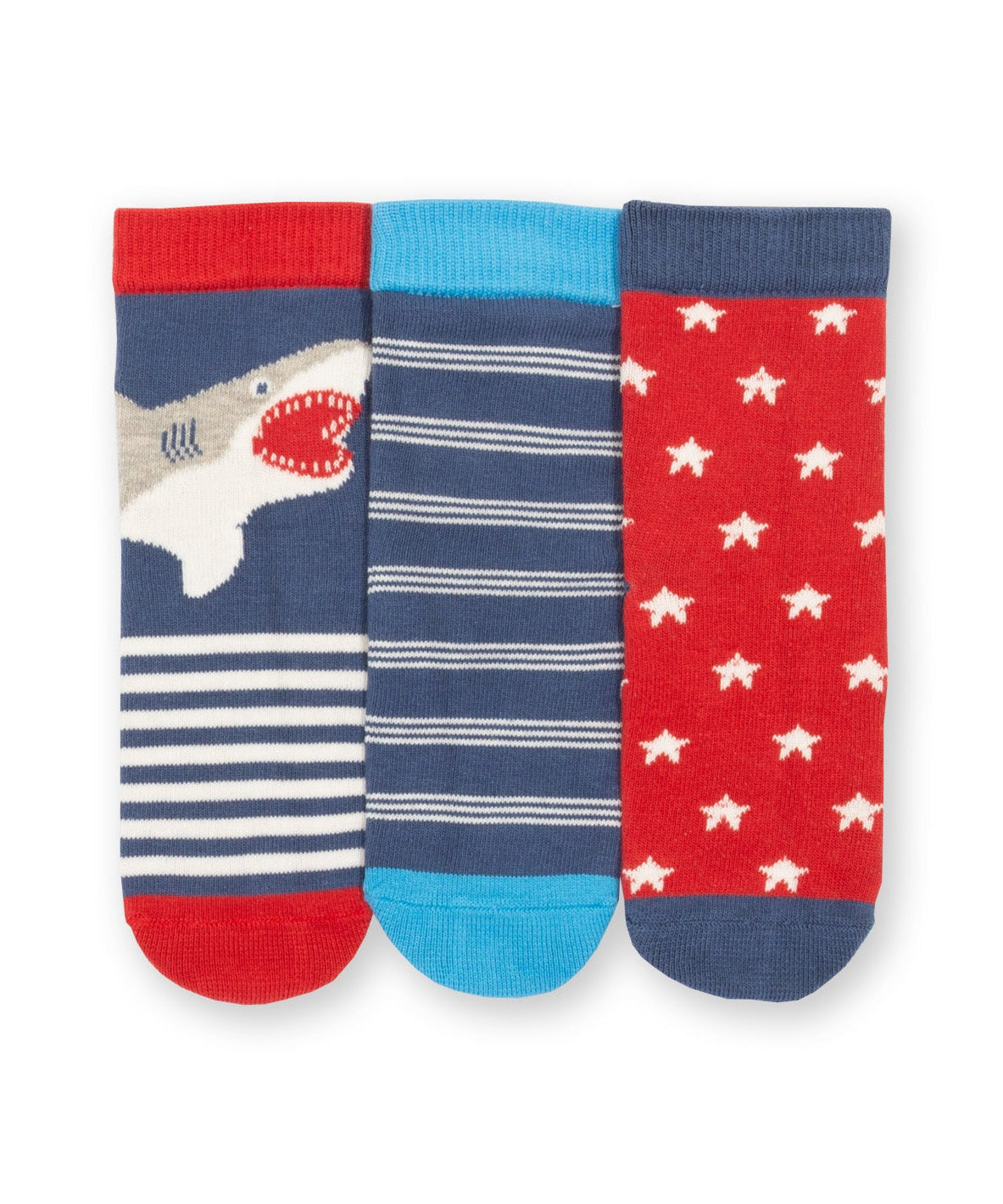 Calcetines de algodón orgánico, pack de 3 pares con diseños de tiburones, rayado marinero y lunares de estrellas.