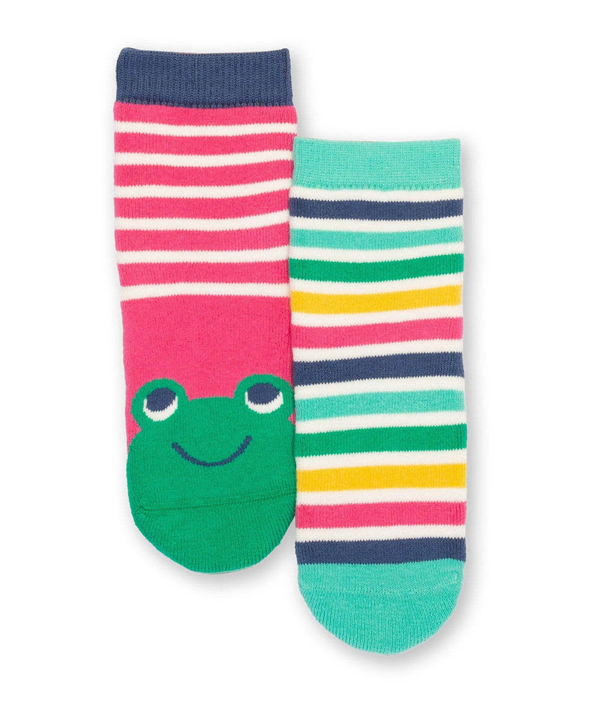 Calcetines antideslizantes Ranita de algodón orgánico, pack de dos pares con diseño de rana y rayas, en fondo rosa.