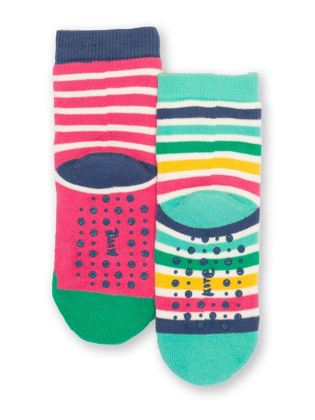 Detalle de los puntos antideslizantes en los Calcetines Ranita de algodón orgánico, ideales para bebés y niños.