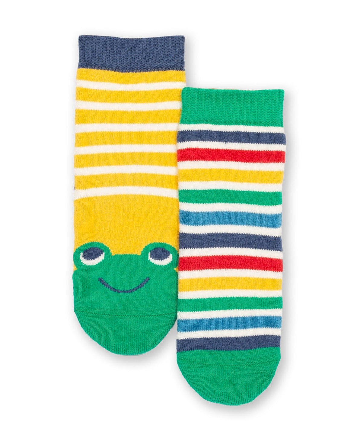 alcetines antideslizantes Ranita de algodón orgánico, pack de dos pares con diseño de rana y rayas, en fondo amarillo.