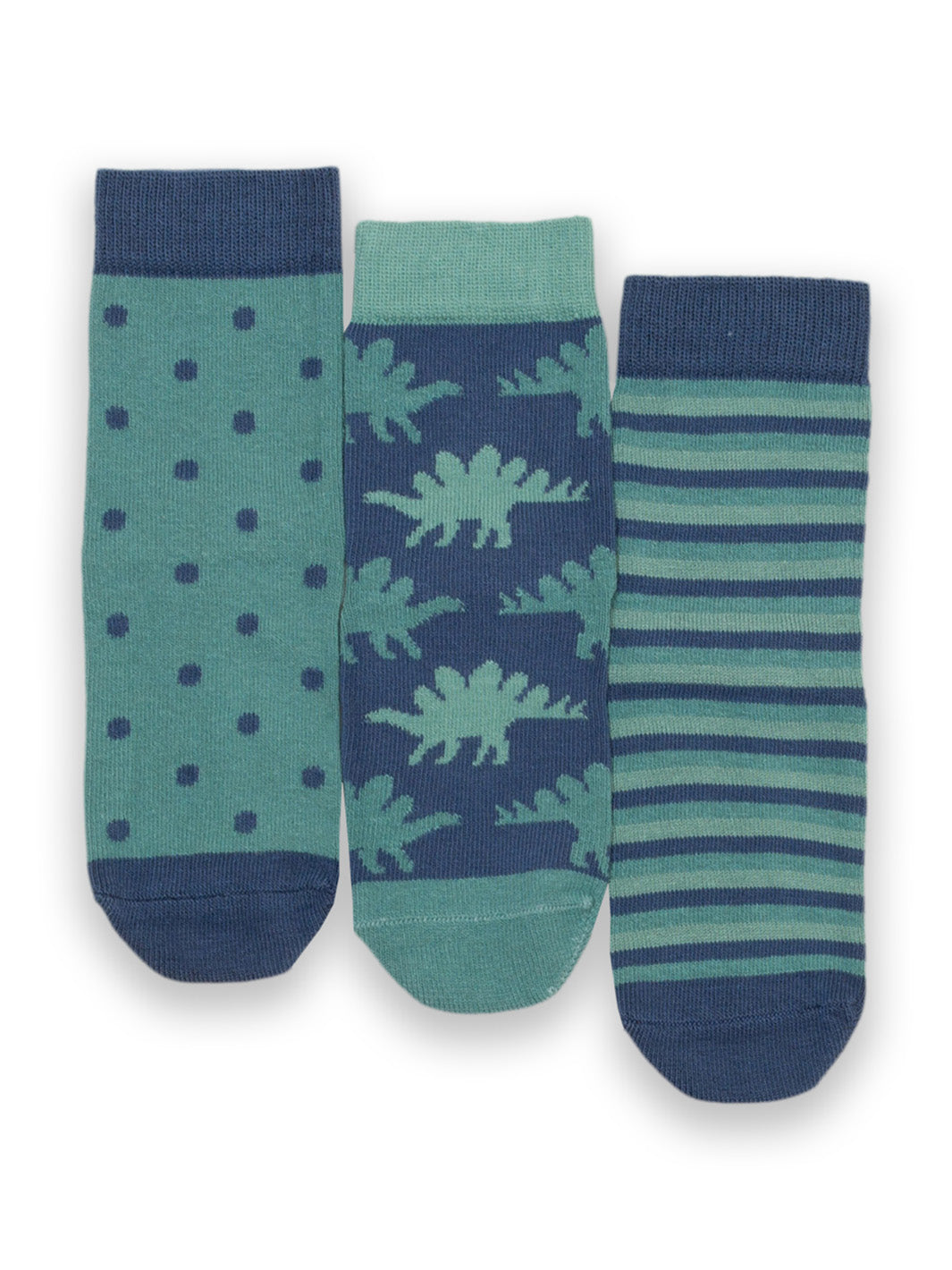 Set de tres calcetines de algodón orgánico con diseños de dinosaurio, rayas clásicas y puntos, en colores vibrantes ideales para complementar cualquier atuendo infantil.