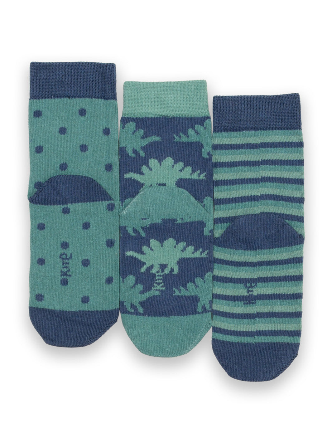 Vista trasera del Set de calcetines de dinosaurio, rayas y puntos, perfectos para regalo, una opción útil para complementar la colección infantil de temporada.