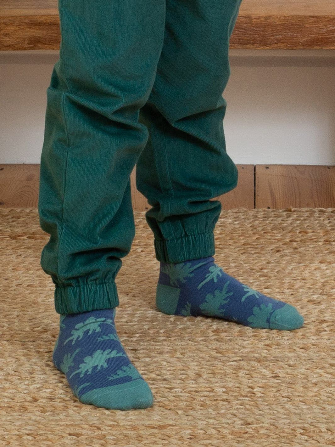 Niño usando los calcetines de dinosaurio en algodón orgánico, mostrando su ajuste cómodo y diseño encantador para pies abrigados y protegidos.
