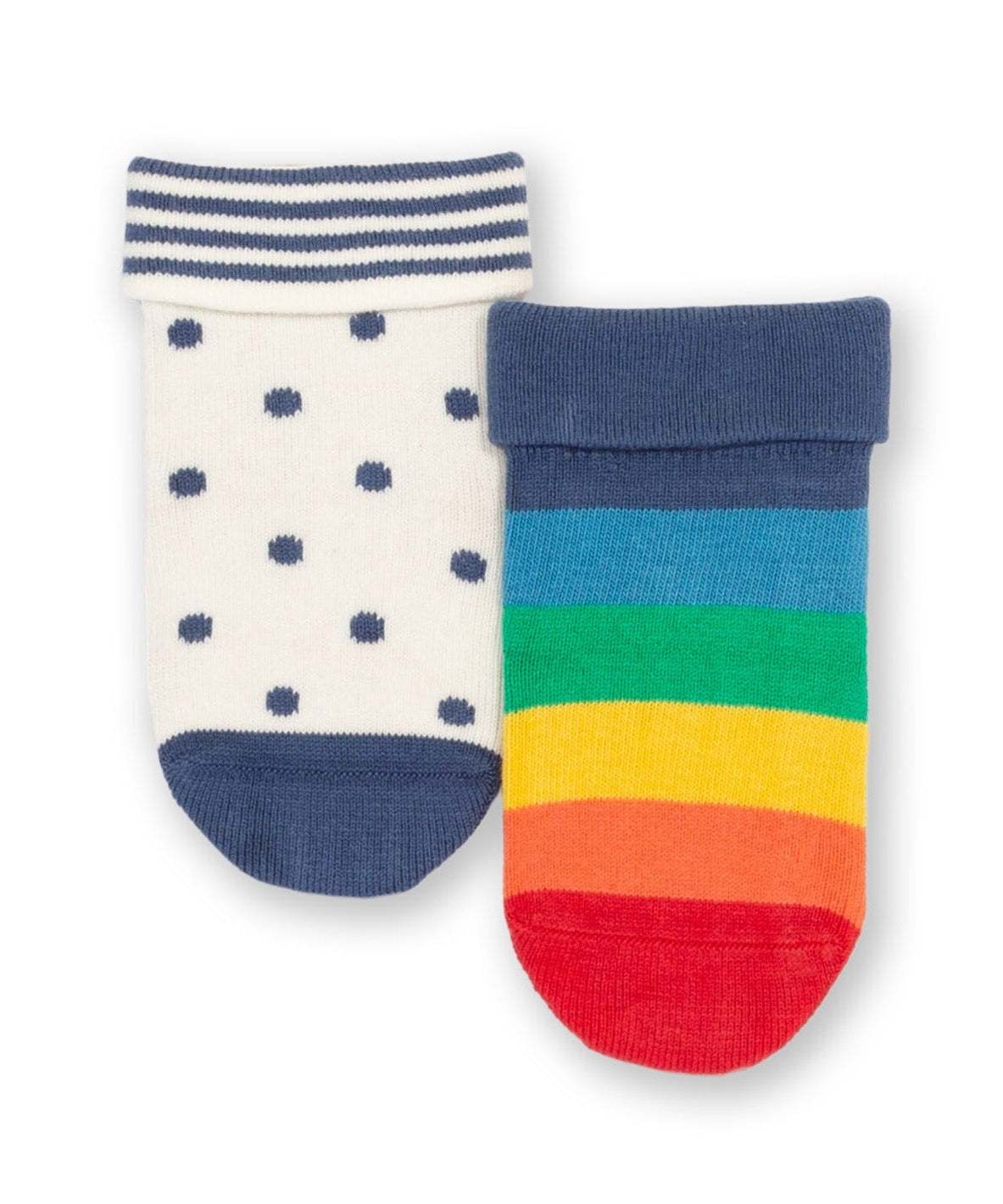 Calcetines Lunares Arcoíris de algodón orgánico, pack de 2 pares con diseños de rayas arcoíris y puntos azul marino