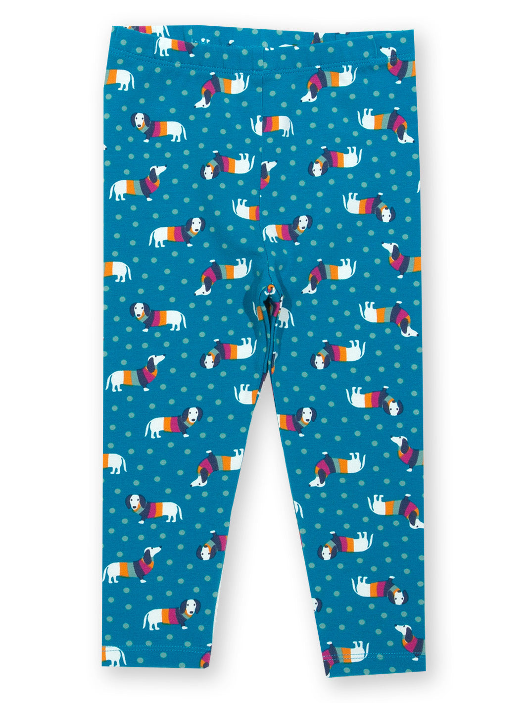 Vista frontal de las Calzas Print de algodón orgánico, con estampado de perros salchicha, diseño divertido y original.