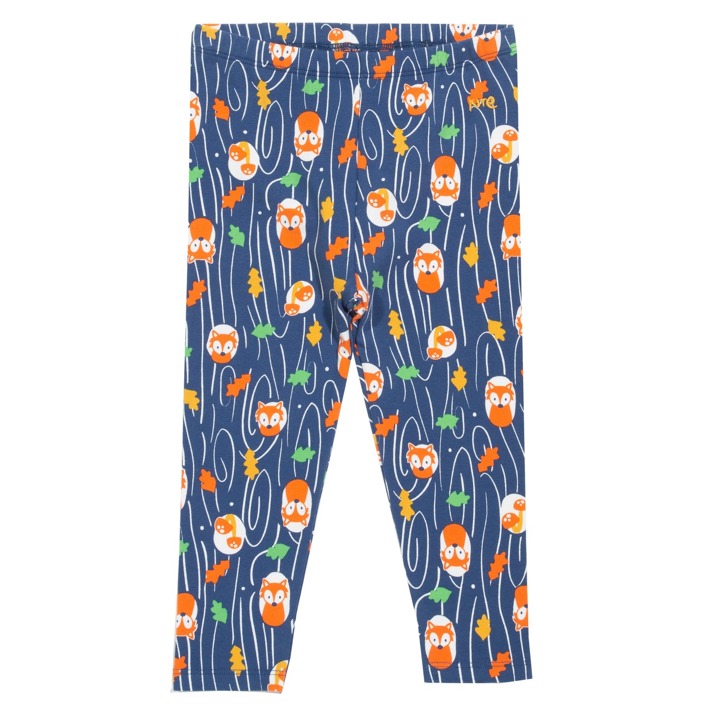 Vista frontal de las Calzas Print de algodón orgánico, con estampado de adorables zorros sobre un fondo azul, diseño encantador y lleno de naturaleza.