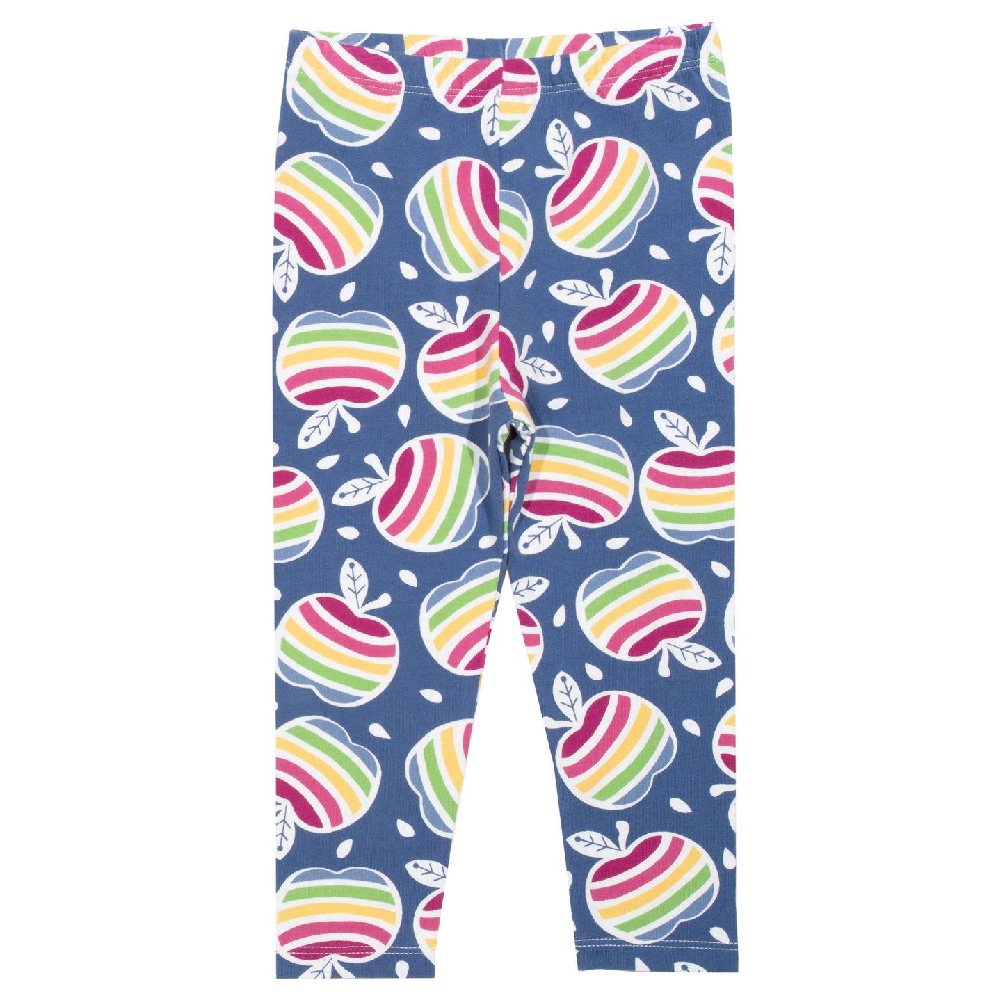Vista frontal de las Calzas Print de algodón orgánico, con estampado de manzanas arcoíris en colores vibrantes, diseño divertido y lleno de color.
