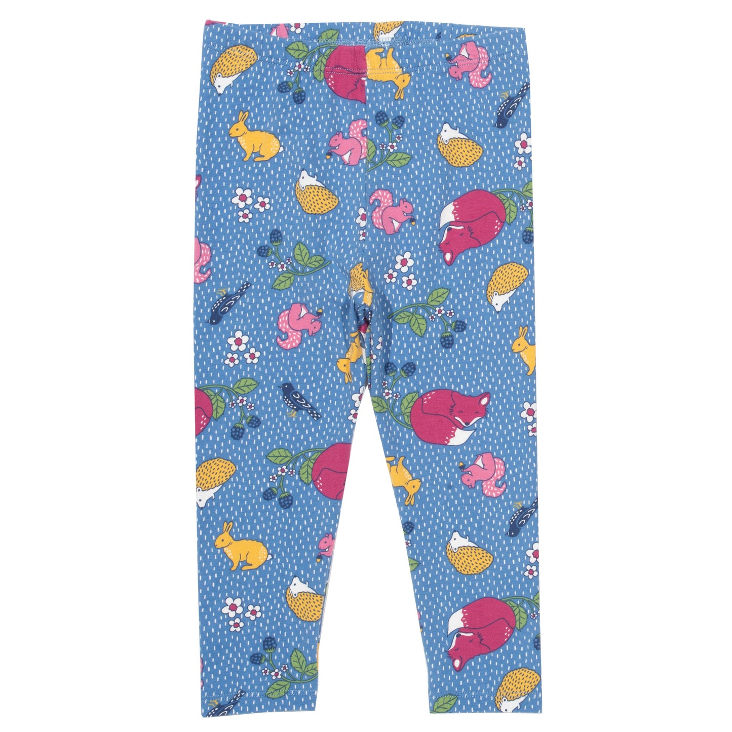 Vista frontal de las Calzas Print de algodón orgánico, con estampado de animales del bosque, como zorros, ardillas y conejos, en un diseño tierno y natural.