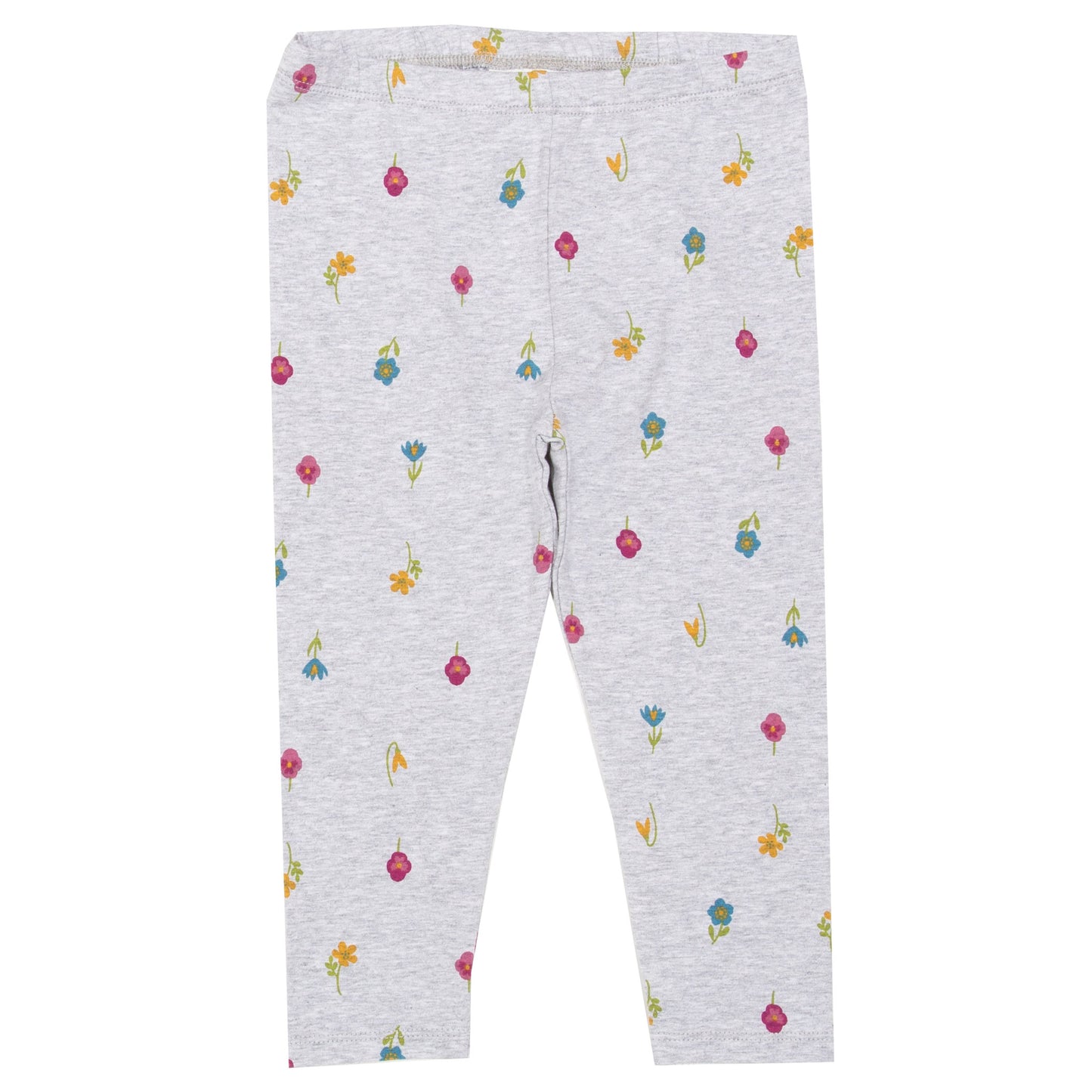 Vista frontal de las Calzas Print de algodón orgánico, con estampado de pequeñas flores en tonos delicados sobre un fondo gris, diseño femenino y versátil.