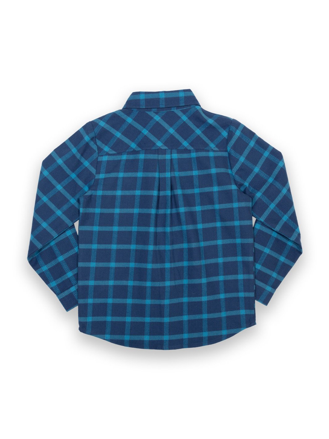 Parte posterior de la camisa de franela a cuadros azul marino y calipso, con un corte clásico y dobladillo curvado para un ajuste cómodo.