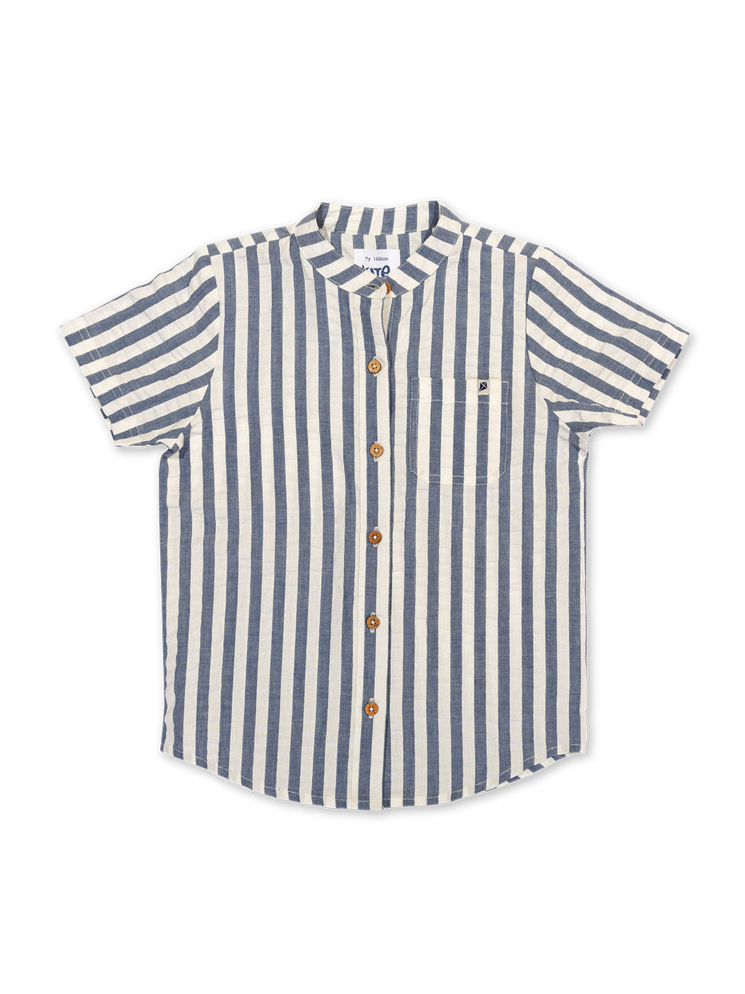 Camisa Clásica de algodón orgánico, rayas azul marino y crema, tela seersucker y botones de coco.