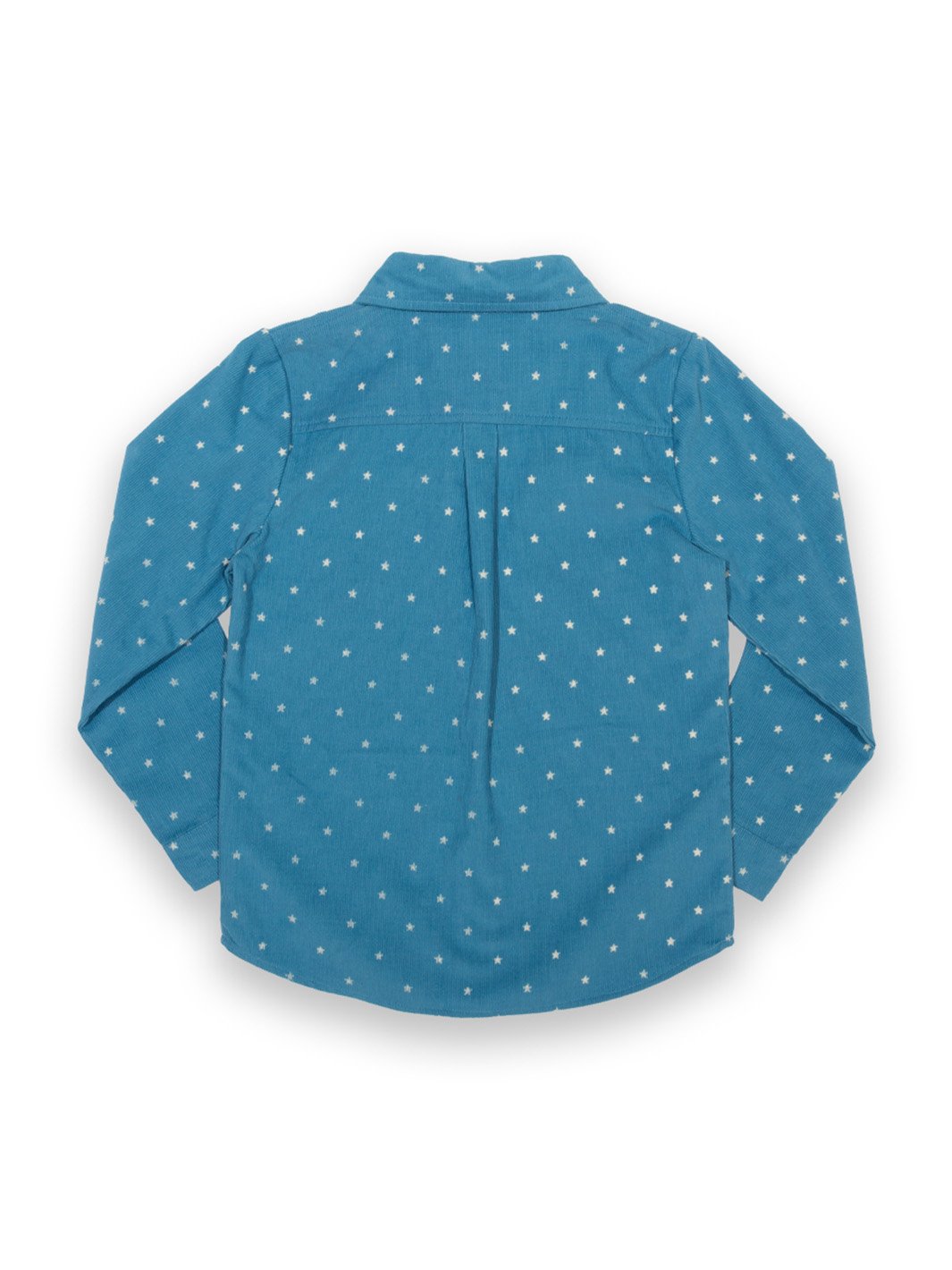Parte posterior de la camisa azul francés con estampado de estrellas, mostrando su corte clásico, mangas largas y dobladillo curvado.