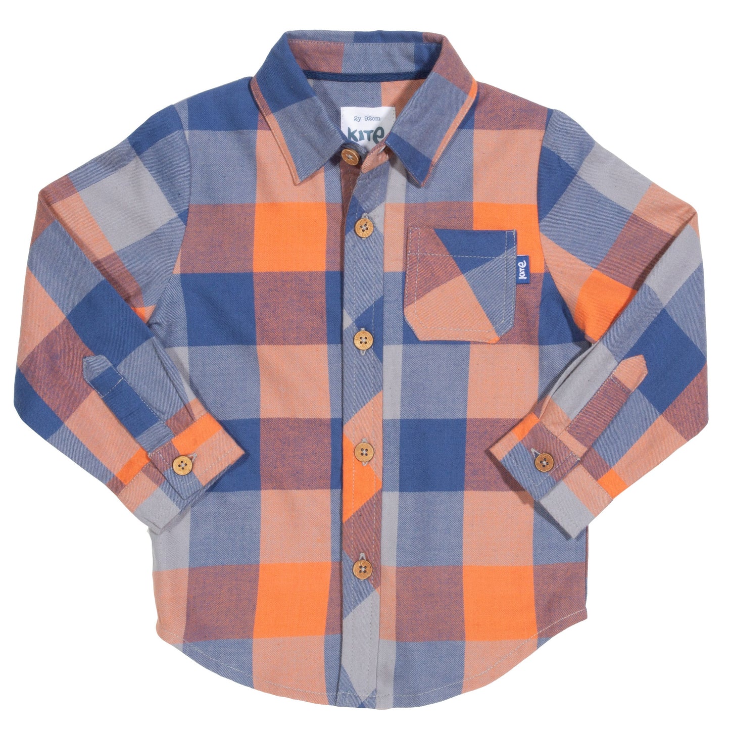 Vista frontal de la Camisa Cuadros Cool de algodón orgánico en color naranjo, con cuello clásico, botones de coco y bolsillo en el pecho