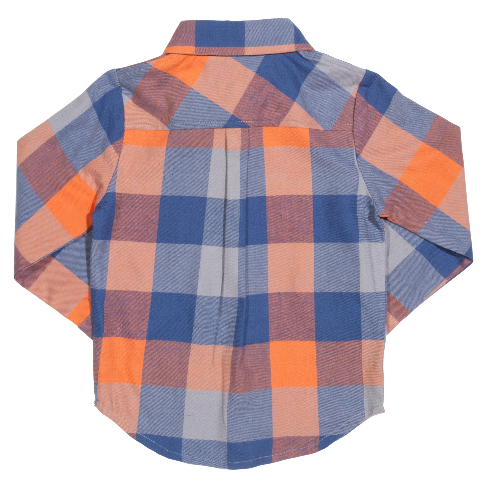 Vista trasera de la Camisa Cuadros Cool de algodón orgánico en color naranjo, diseño cómodo y versátil con dobladillo curvo.