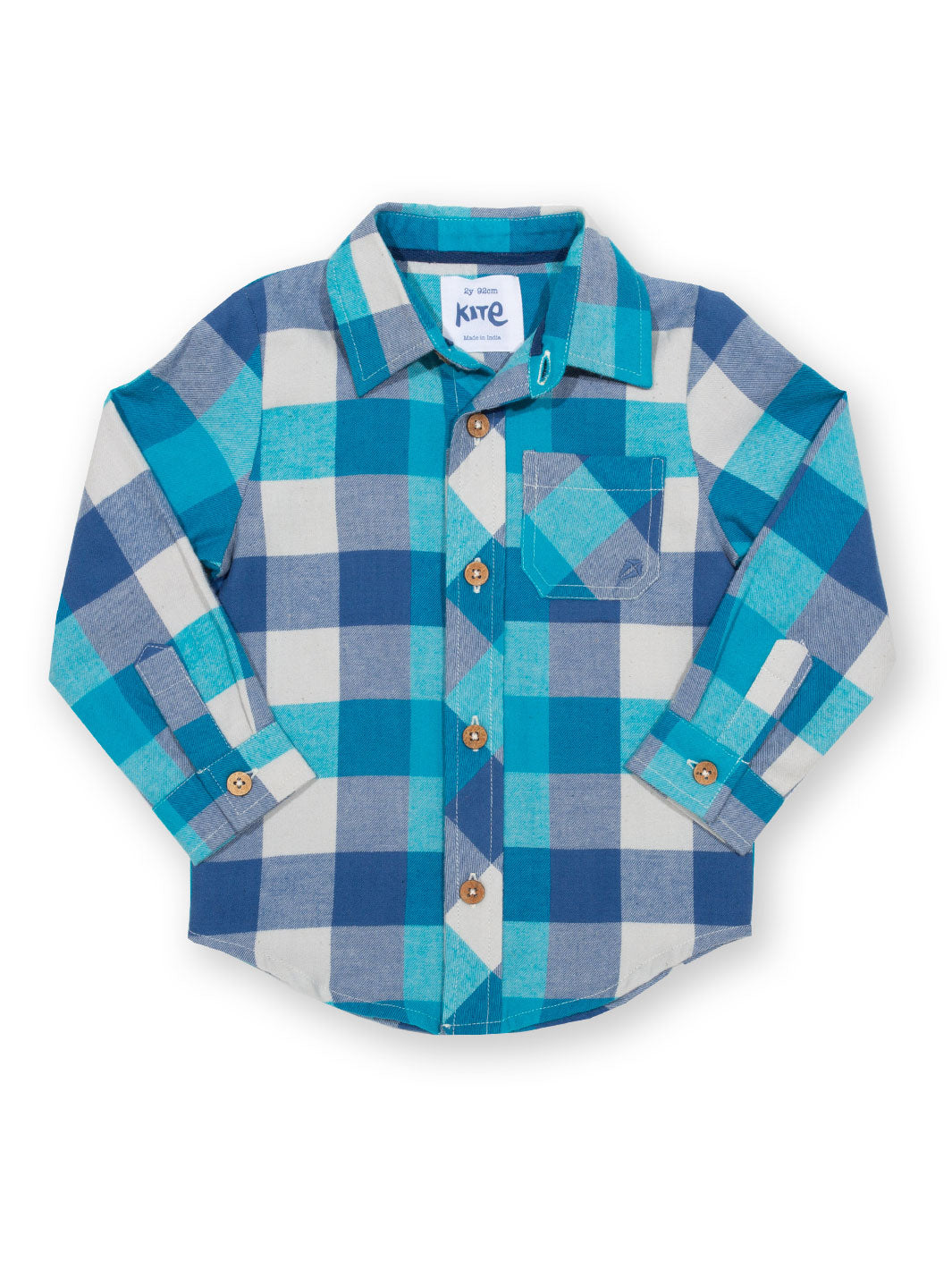 "Vista frontal de la Camisa Cuadros Cool de algodón orgánico en color celeste, con cuello clásico y botones de coco.