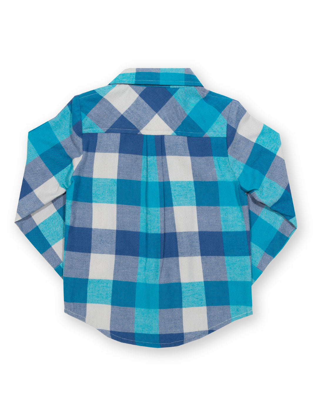 Vista trasera de la Camisa Cuadros Cool de algodón orgánico en color celeste, diseño cómodo y versátil para cualquier ocasión.