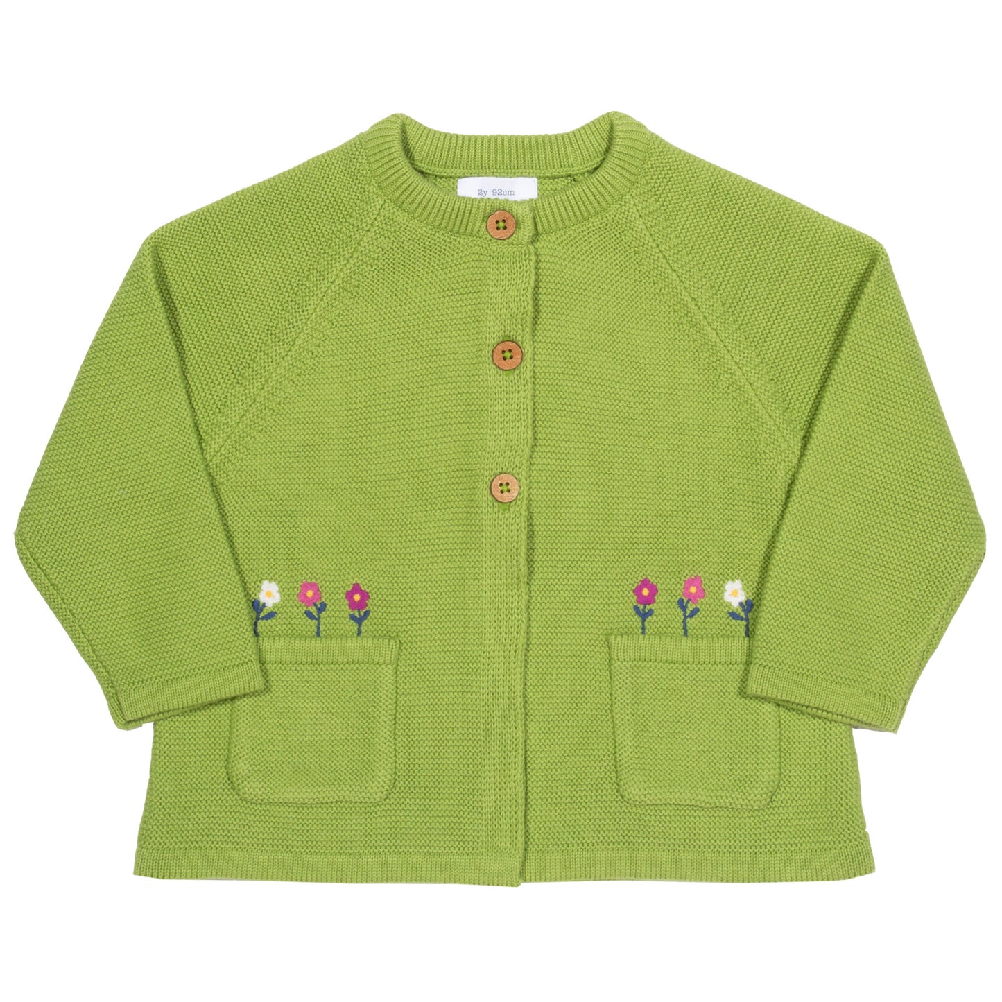Chaleco Floral verde de algodón orgánico con bolsillos y bordado de flores, resaltando la calidad y suavidad del tejido.