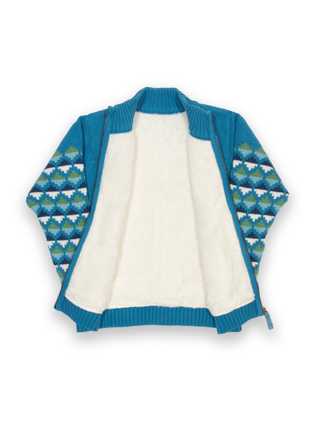 Interior de chaqueta Nido azul clásico de algodón orgánico para bebé, con forro polar suave color crema en cuerpo y mangas.