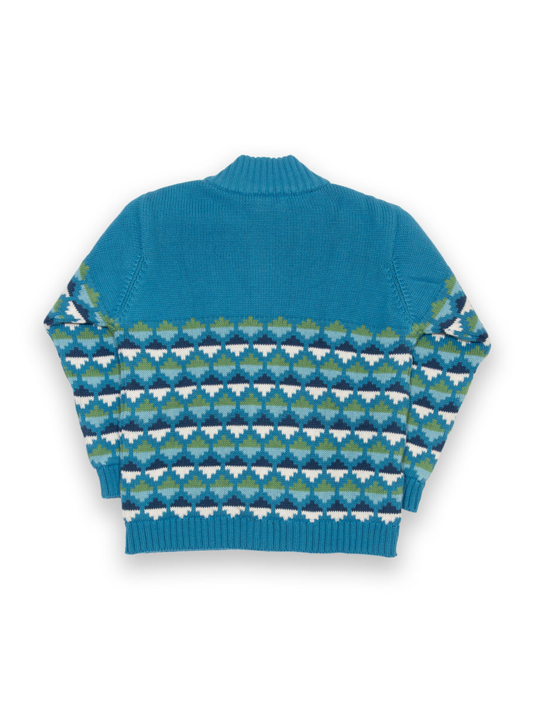 Parte trasera de chaqueta Nido azul clásico de algodón orgánico para bebé, con diseño geométrico de triángulos verdes y blancos.