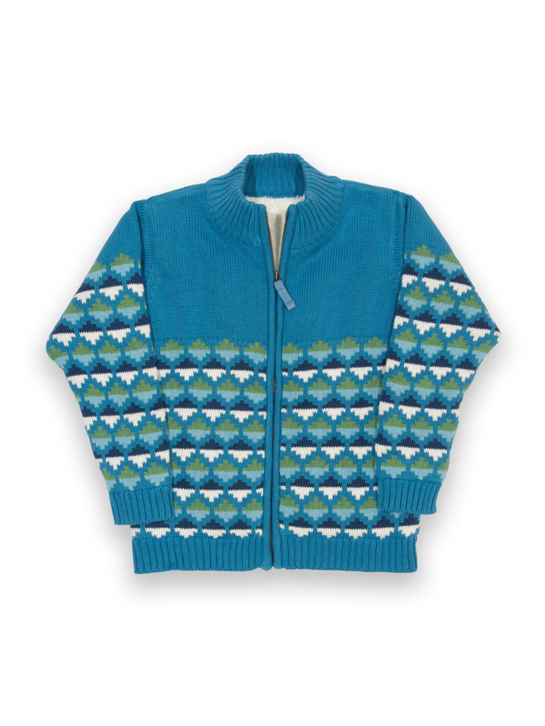 Chaqueta Nido azul clásico de algodón orgánico para bebé, diseño tejido geométrico con triángulos verdes y blancos, manga larga y cierre frontal.