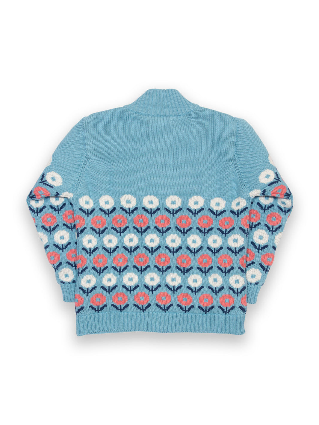 Parte trasera de chaqueta Nido celeste de algodón orgánico para bebé, con diseño tejido de flores rosas y blancas.