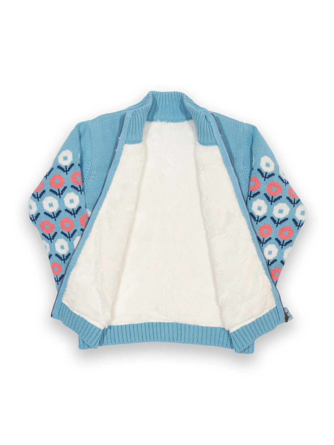 Interior de chaqueta Nido celeste de algodón orgánico para bebé, con forro polar suave color crema en cuerpo y mangas