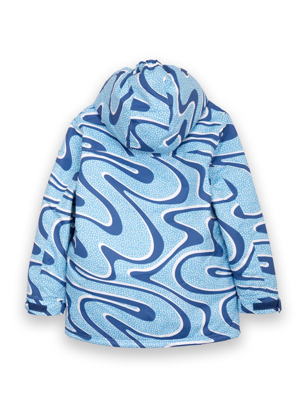 Parte trasera de la chaqueta Nimbus con costuras selladas, capucha ajustable y acabado repelente al agua, diseñada para máxima protección contra la nieve y el viento.
