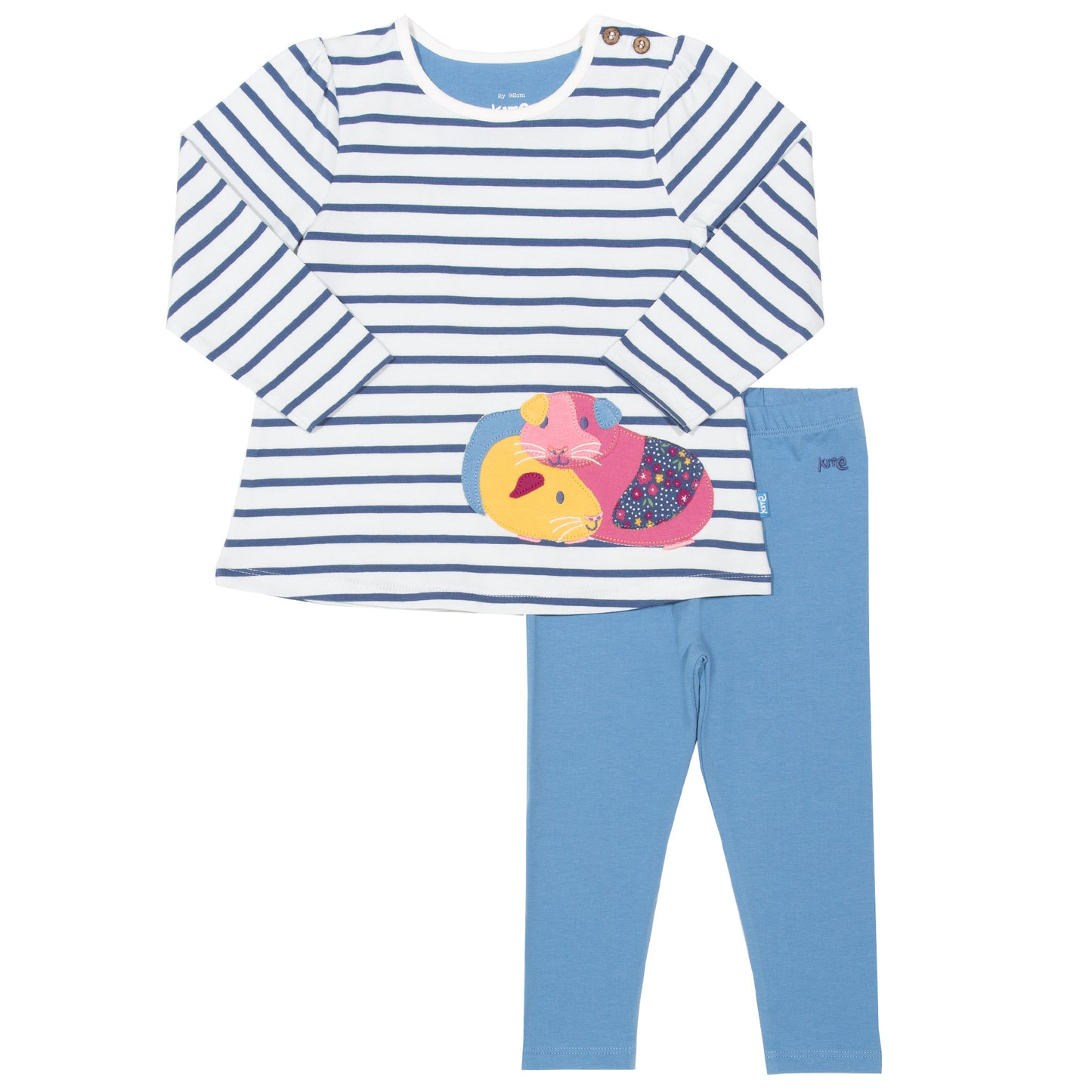 Conjunto Conejito de algodón orgánico, con túnica de rayas azul marino y calzas celestes, ideal para bebés.