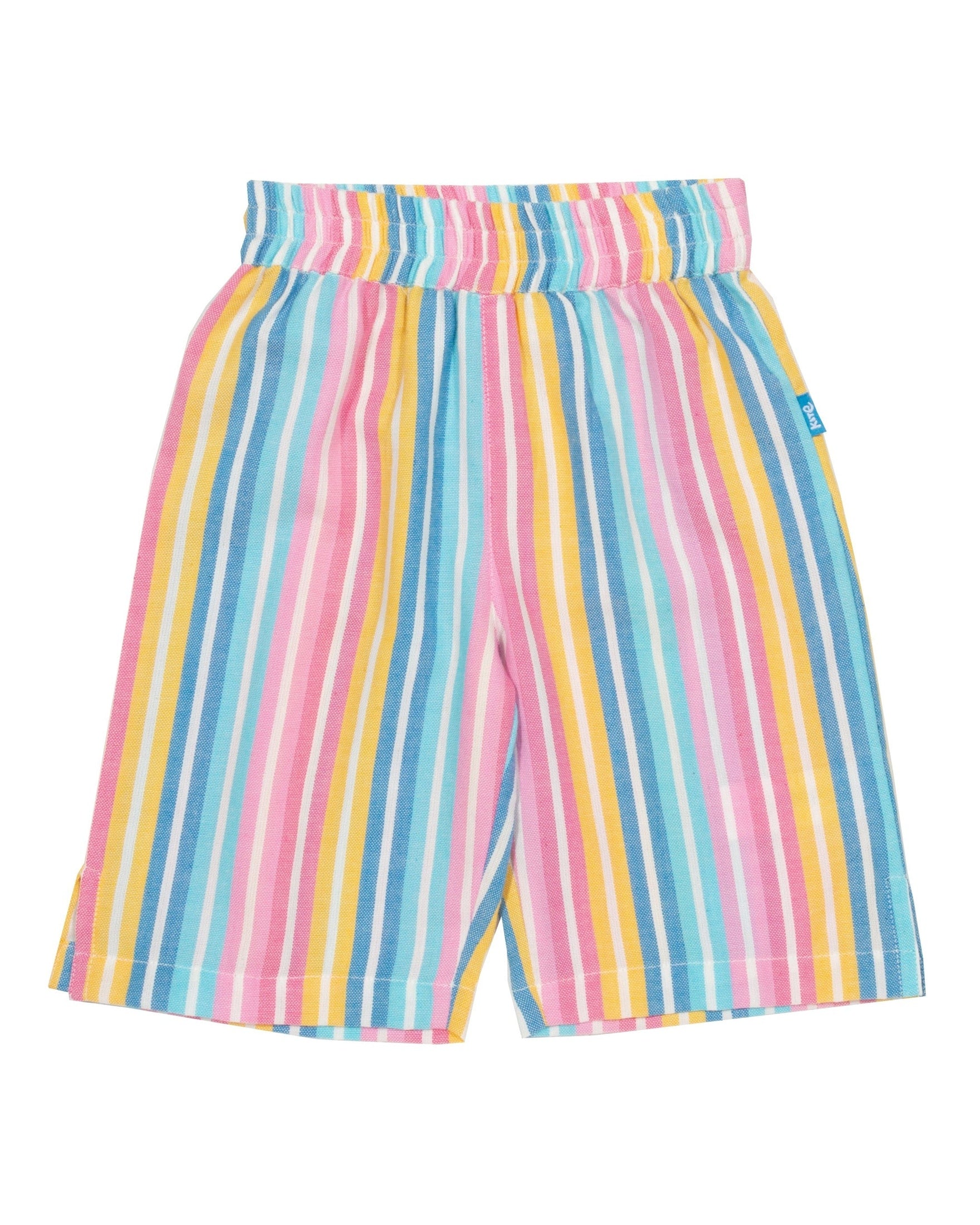 Culotte Rayas Pastel de algodón orgánico, con tela chambray rayada en tonos pastel y cintura elástica.